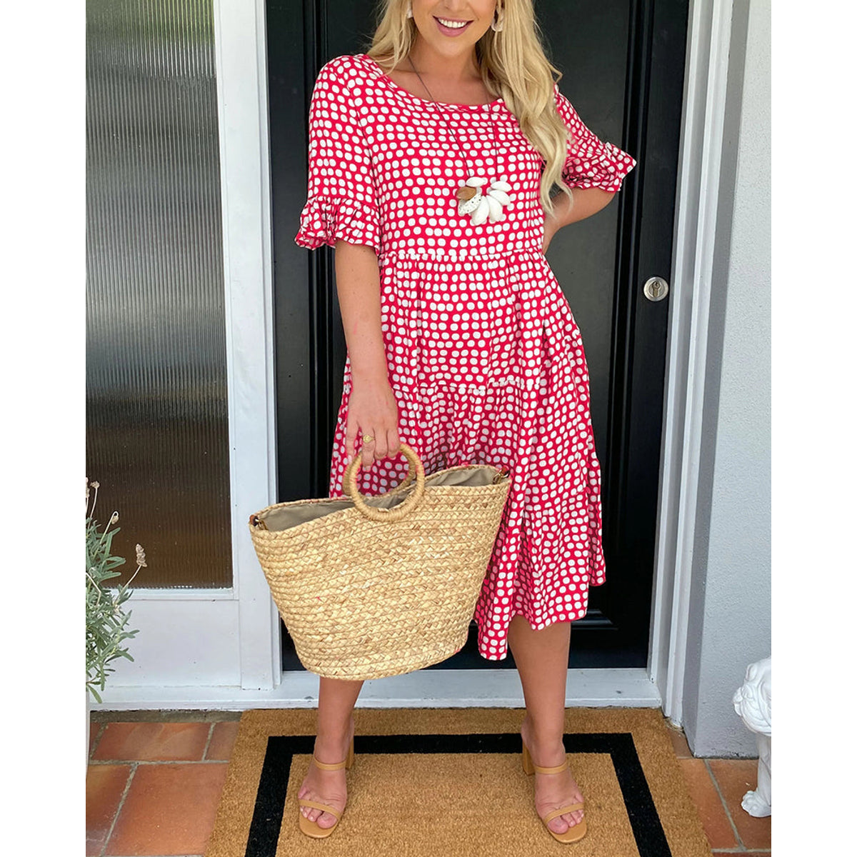 Polka Dot Print Midi Dress Casual A-Line Spring Summer 13