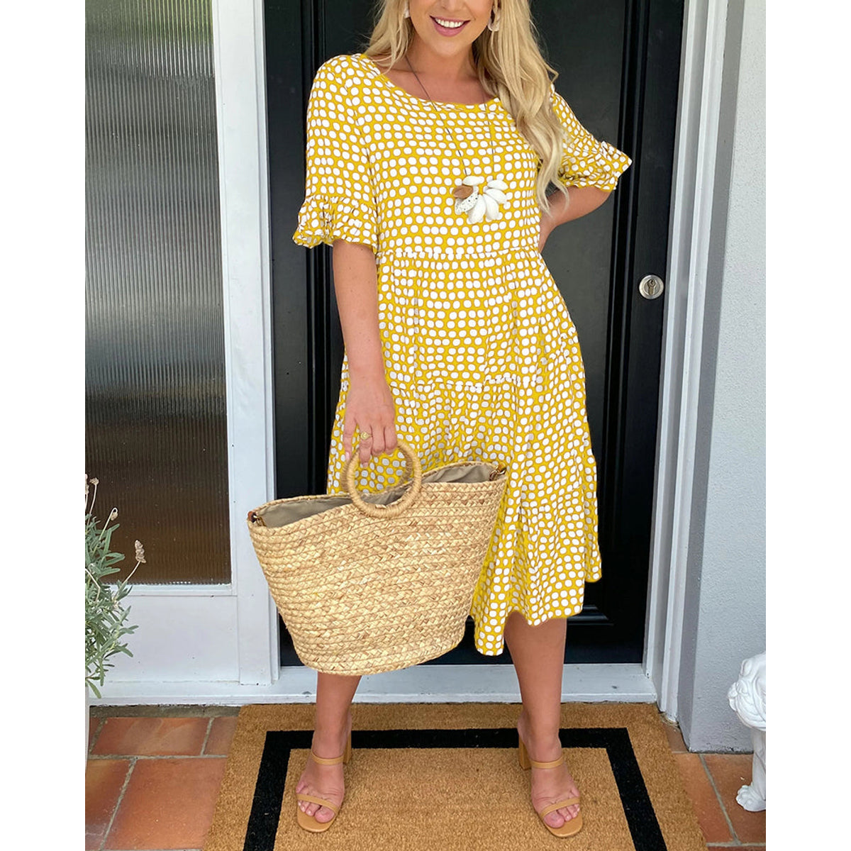Polka Dot Print Midi Dress Casual A-Line Spring Summer 9