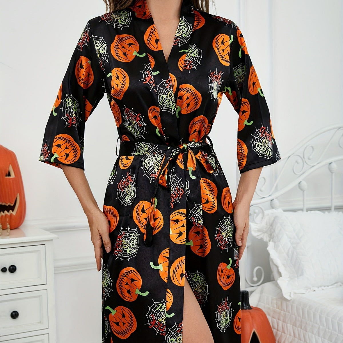 Pumpkin Kimono Robe Midi Length Halloween Costume Stylish Trend 0