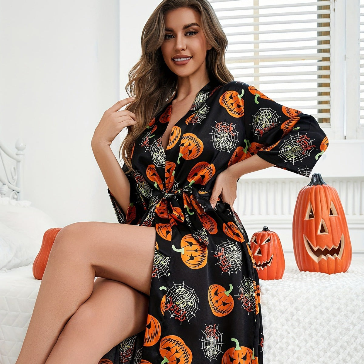 Pumpkin Kimono Robe Midi Length Halloween Costume Stylish Trend 1