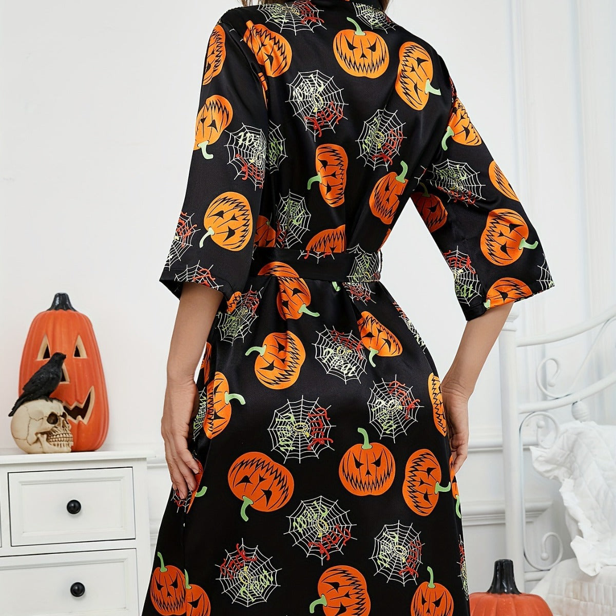Pumpkin Kimono Robe Midi Length Halloween Costume Stylish Trend 3