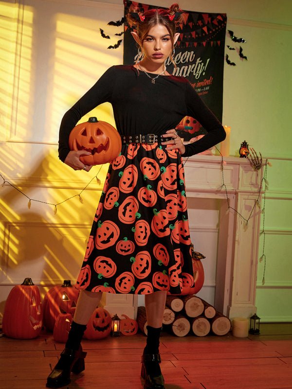 Pumpkin Print Long Sleeve Midi Dress Women Halloween Costume Stylish Autumn 0