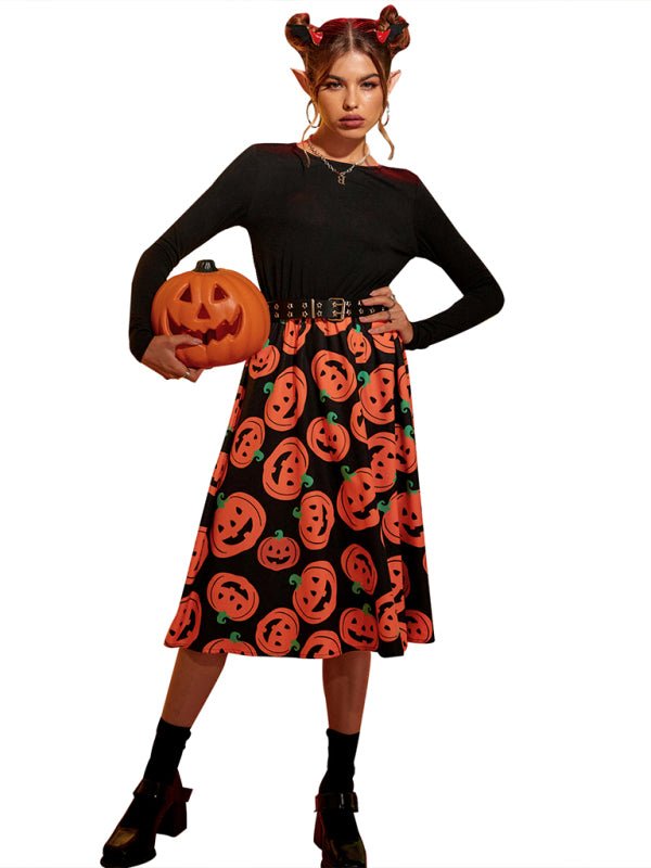 Pumpkin Print Long Sleeve Midi Dress Women Halloween Costume Stylish Autumn 1