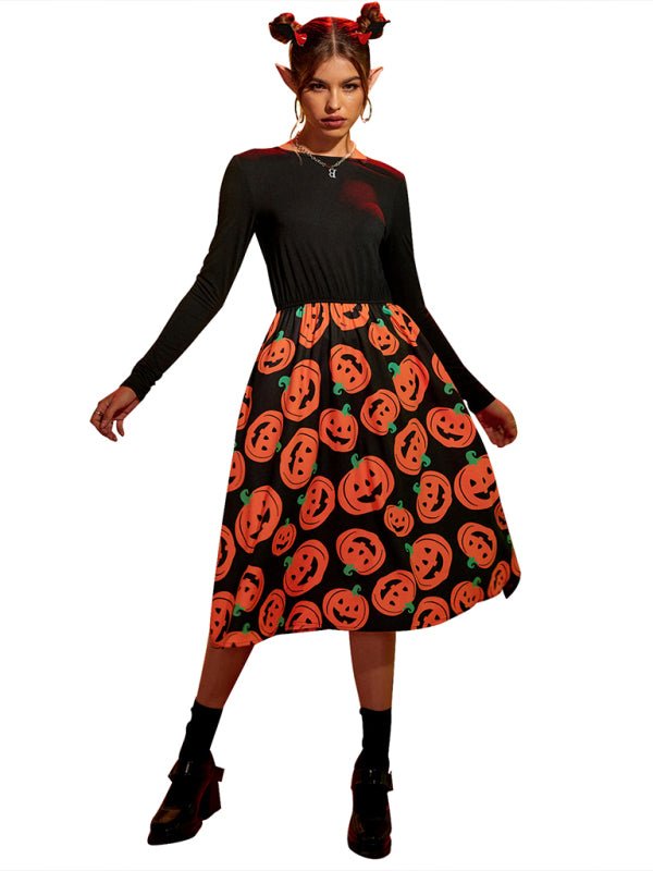 Pumpkin Print Long Sleeve Midi Dress Women Halloween Costume Stylish Autumn 2