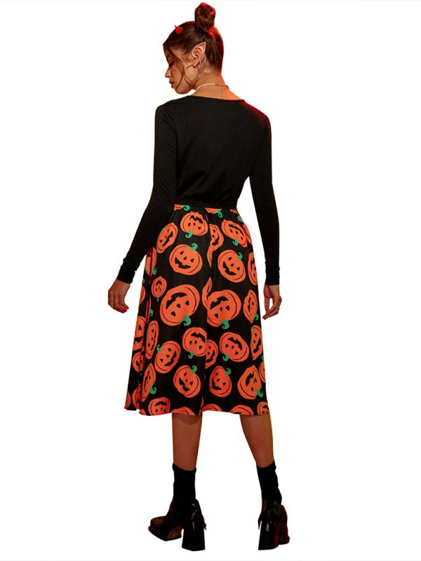 Pumpkin Print Long Sleeve Midi Dress Women Halloween Costume Stylish Autumn 3