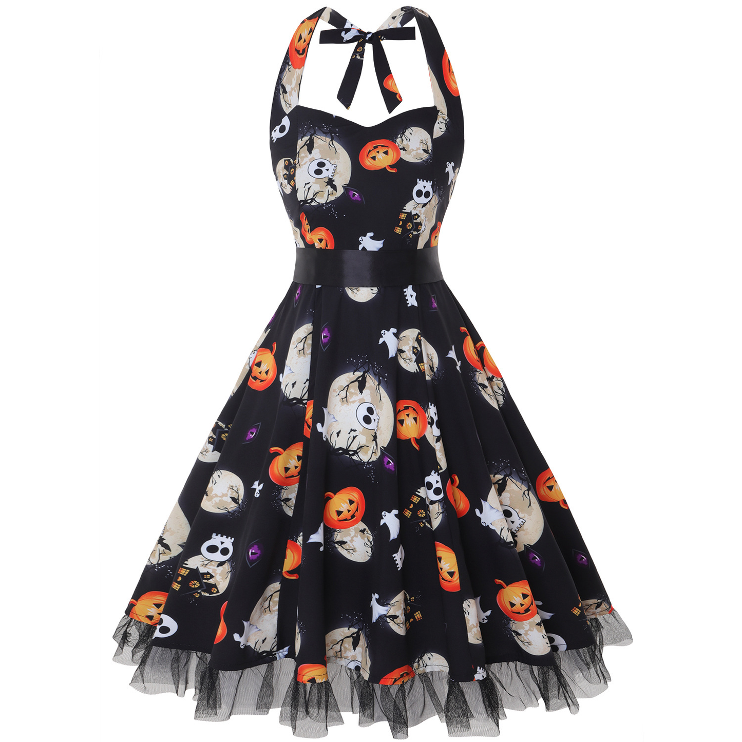 Pumpkin Print Long Sleeve Midi Dress Women Halloween Costume Stylish Autumn 4