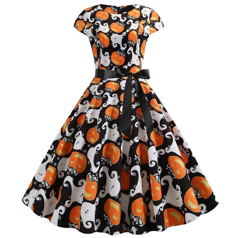 Pumpkin Print Midi Dress Casual Wear Festive Autumn Style 0