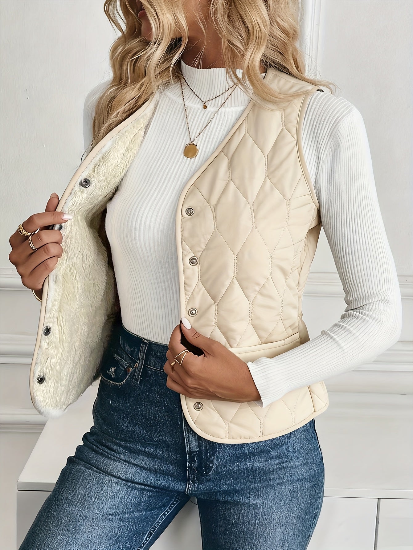 Quilted Bomber Vest Ultra-Soft Sherpa Lining Casual Layering 0