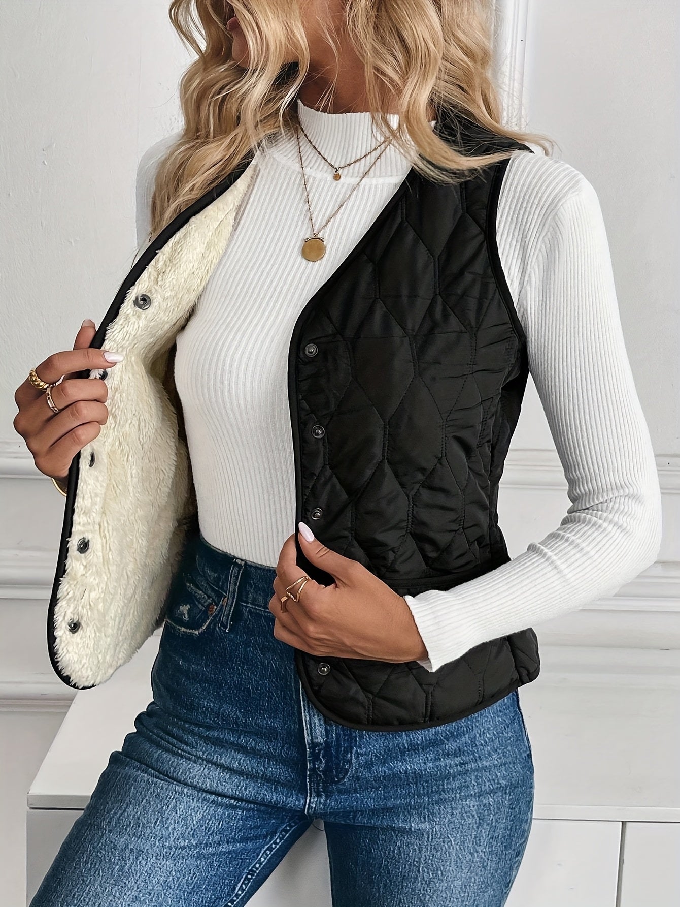 Quilted Bomber Vest Ultra-Soft Sherpa Lining Casual Layering 4