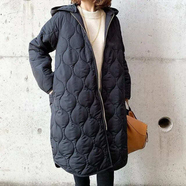 Quilted Hooded Coat Women Long Puffer Coat Full Zip Design Winter Warmth 0
