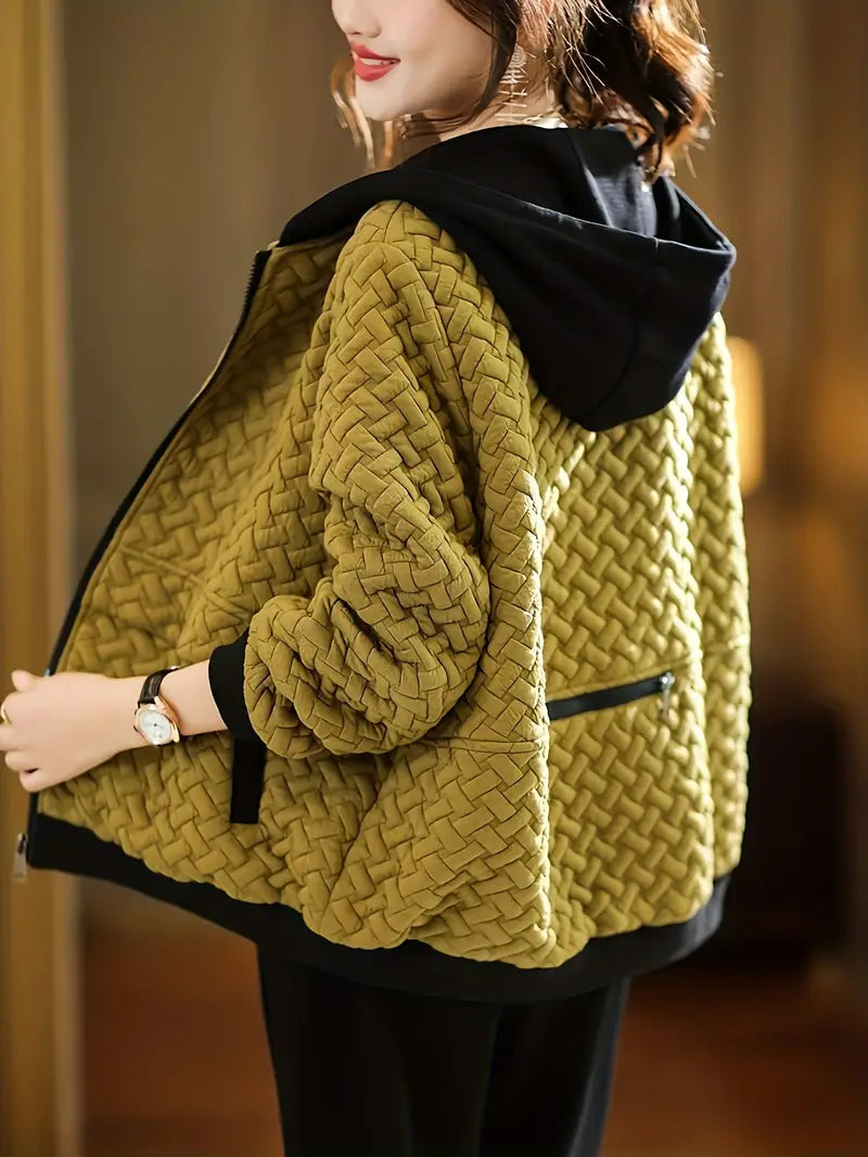 Quilted Hoodie Women Relaxed Fit Basketweave Design Casual Sweatshirt 0