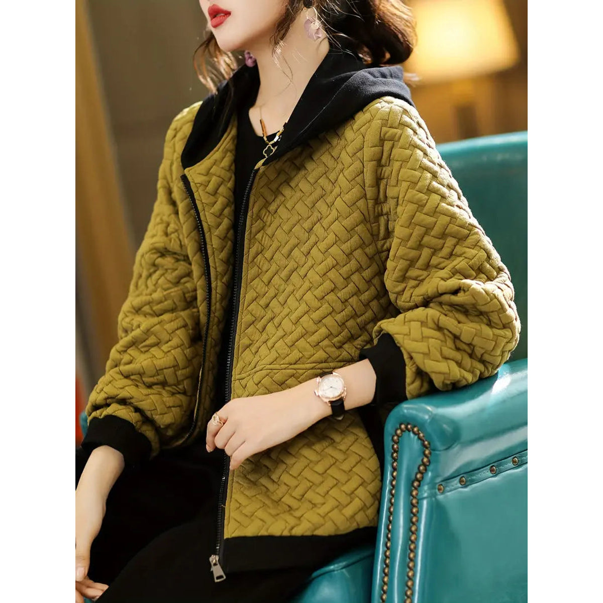Quilted Hoodie Women Relaxed Fit Basketweave Design Casual Sweatshirt 2