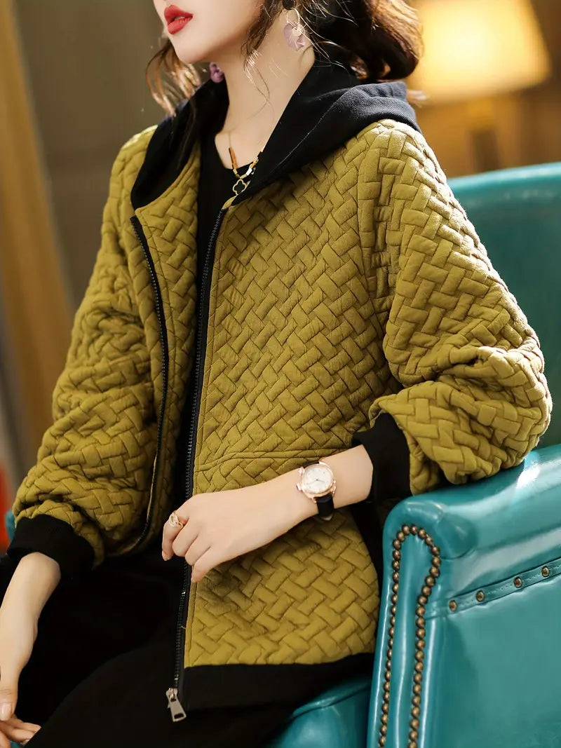 Quilted Hoodie Women Relaxed Fit Basketweave Design Casual Sweatshirt 2