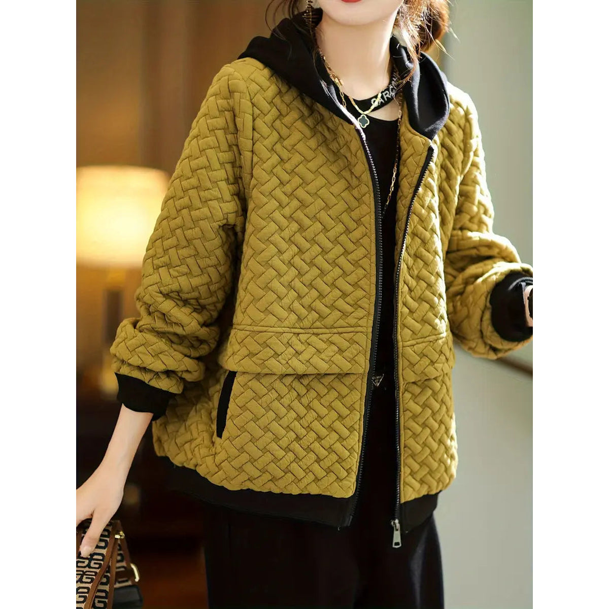 Quilted Hoodie Women Relaxed Fit Basketweave Design Casual Sweatshirt 3