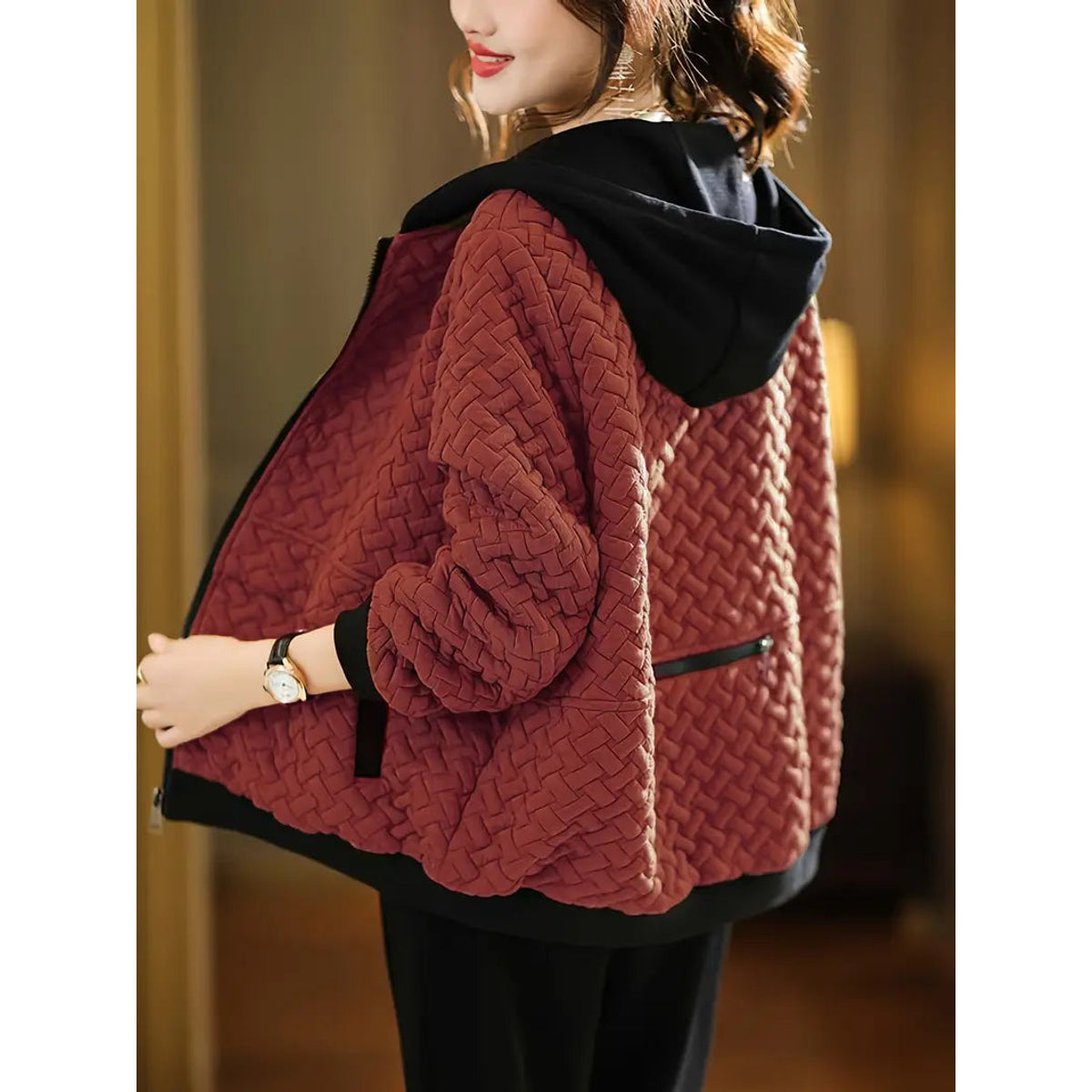 Quilted Hoodie Women Relaxed Fit Basketweave Design Casual Sweatshirt 4