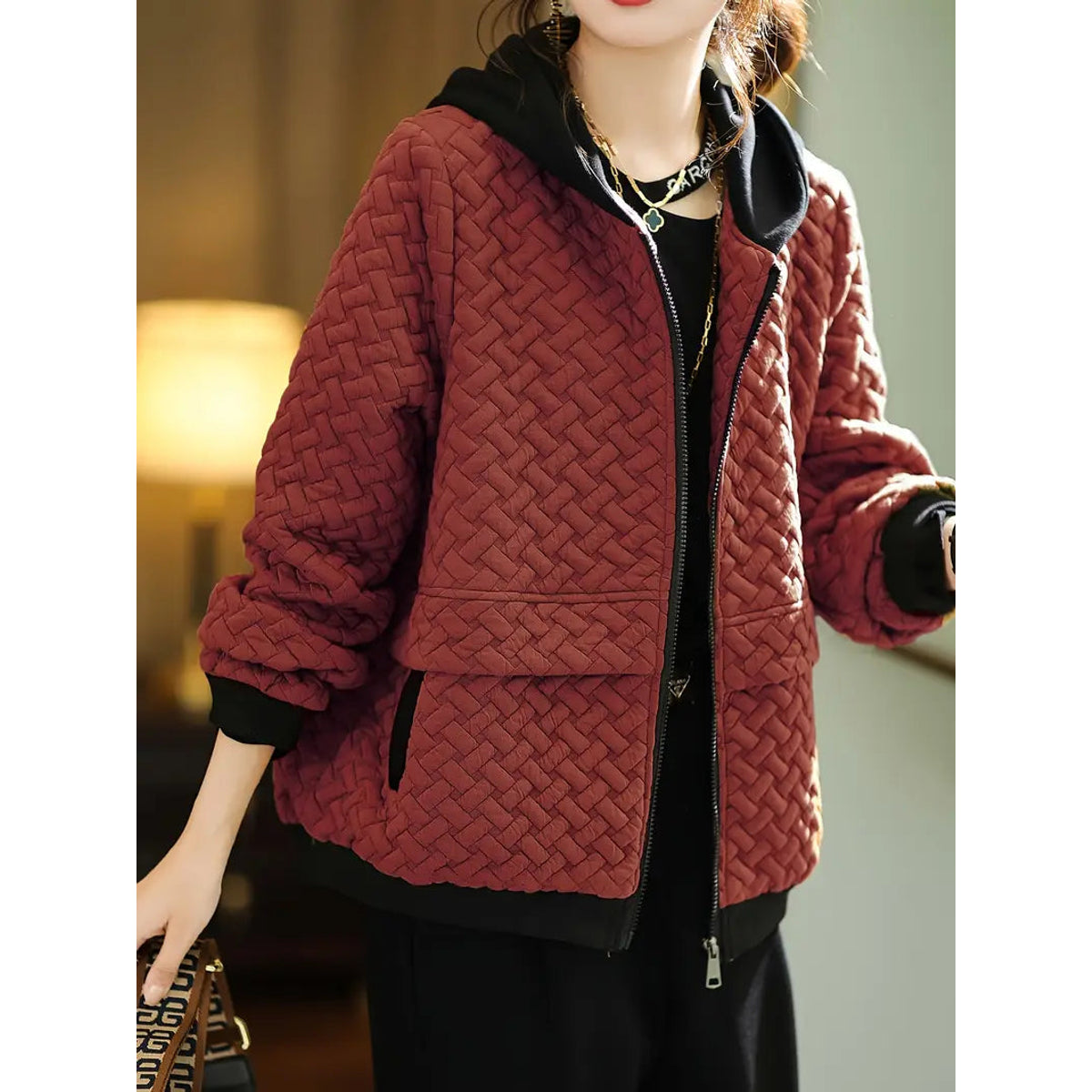 Quilted Hoodie Women Relaxed Fit Basketweave Design Casual Sweatshirt 7