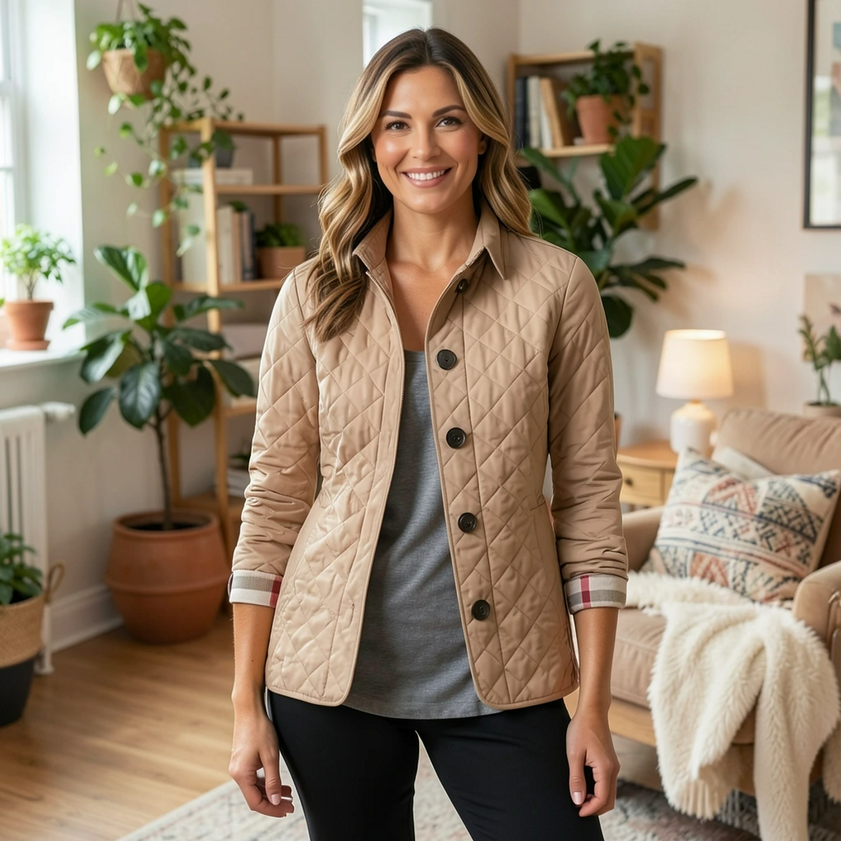 Quilted Jacket Women Button-Front Long Sleeve Casual Outerwear 1