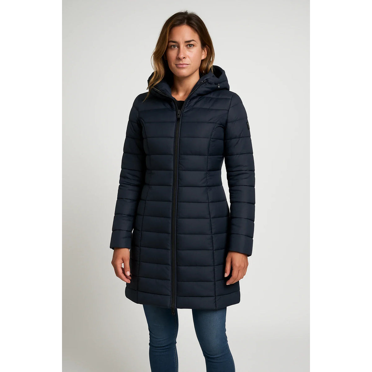 Quilted Puffer Jacket Women Mid-Length Hooded Winter Coat Stylish Outerwear 3