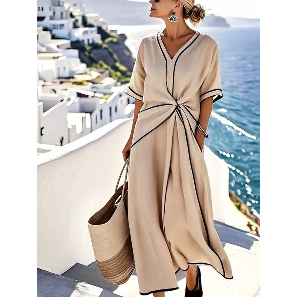 Relaxed Dress Women Elegant V-Neck Lightweight Summer Dress 1