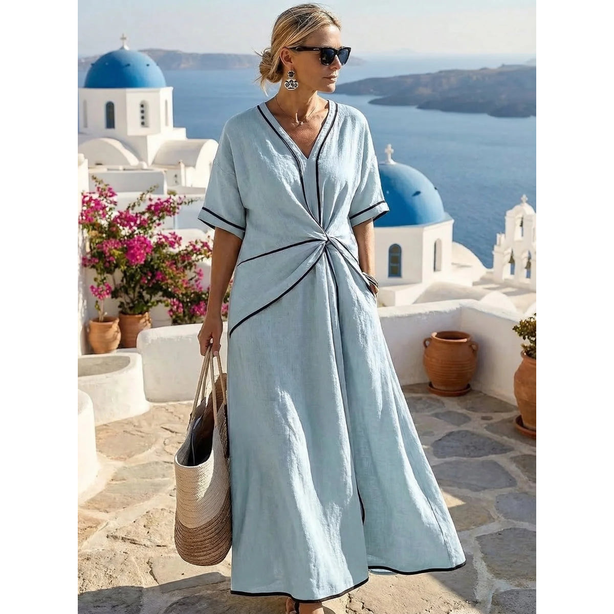 Lässiges Kleid Damen Elegantes V-Ausschnitt Leichtes Sommerkleid