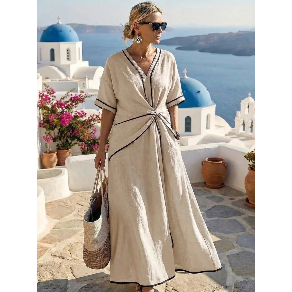 Lässiges Kleid Damen Elegantes V-Ausschnitt Leichtes Sommerkleid