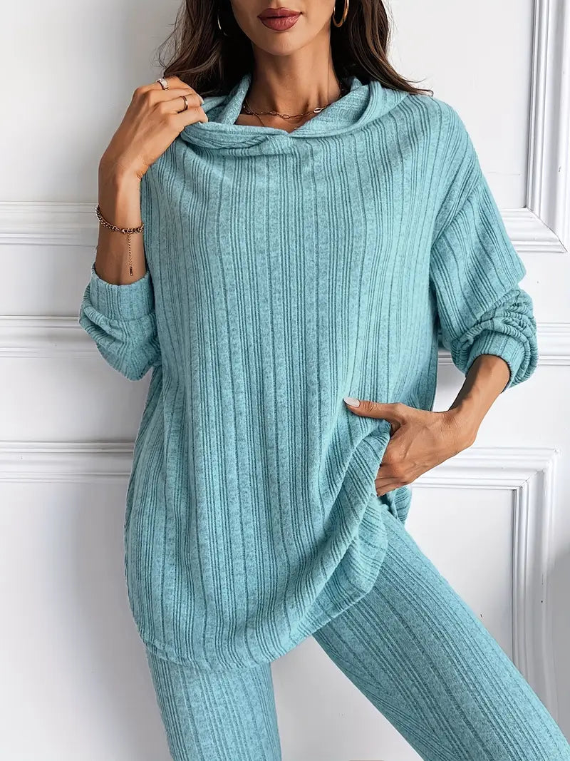 Ribbed Knit Loungewear Set Oversized Hooded Top High-Waisted Leggings 3
