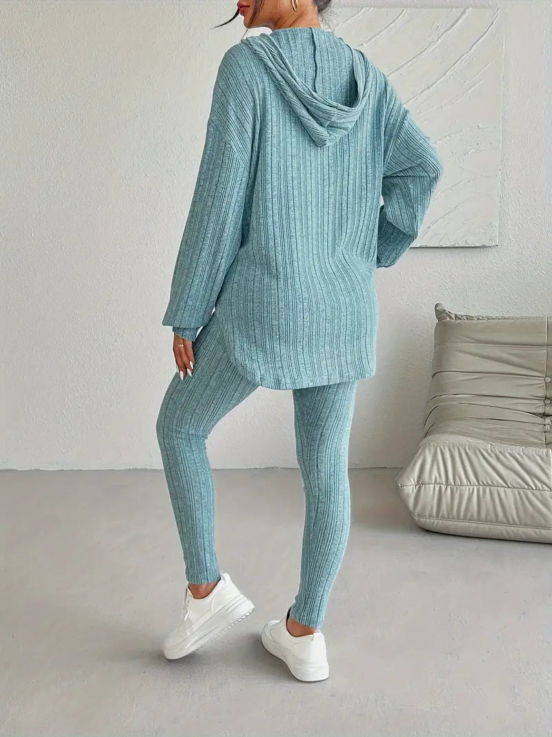 Ribbed Knit Loungewear Set Oversized Hooded Top High-Waisted Leggings 4