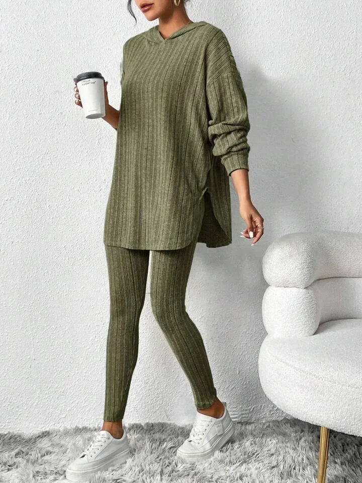 Ribbed Knit Loungewear Set Oversized Hooded Top High-Waisted Leggings 5