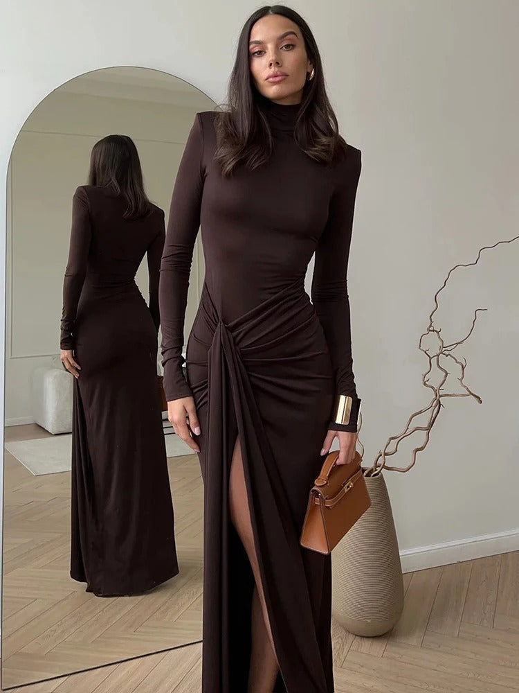 Ruched Maxi Dress Women Chic High Neckline Elegant Draping Black 0