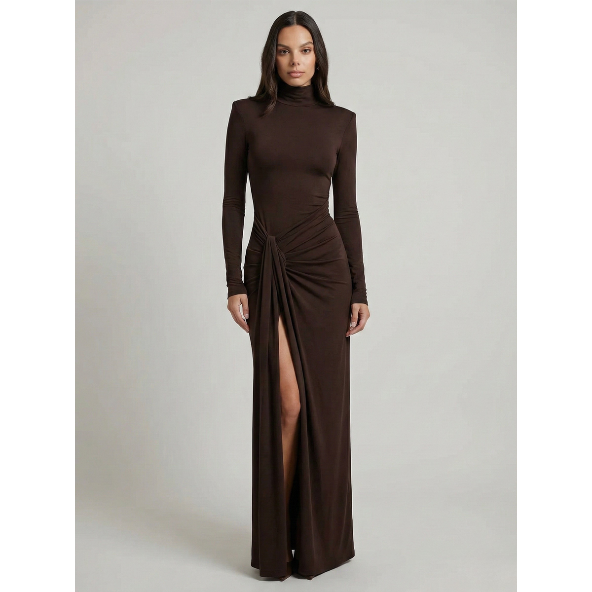 Ruched Maxi Dress Women Chic High Neckline Elegant Draping Black 1