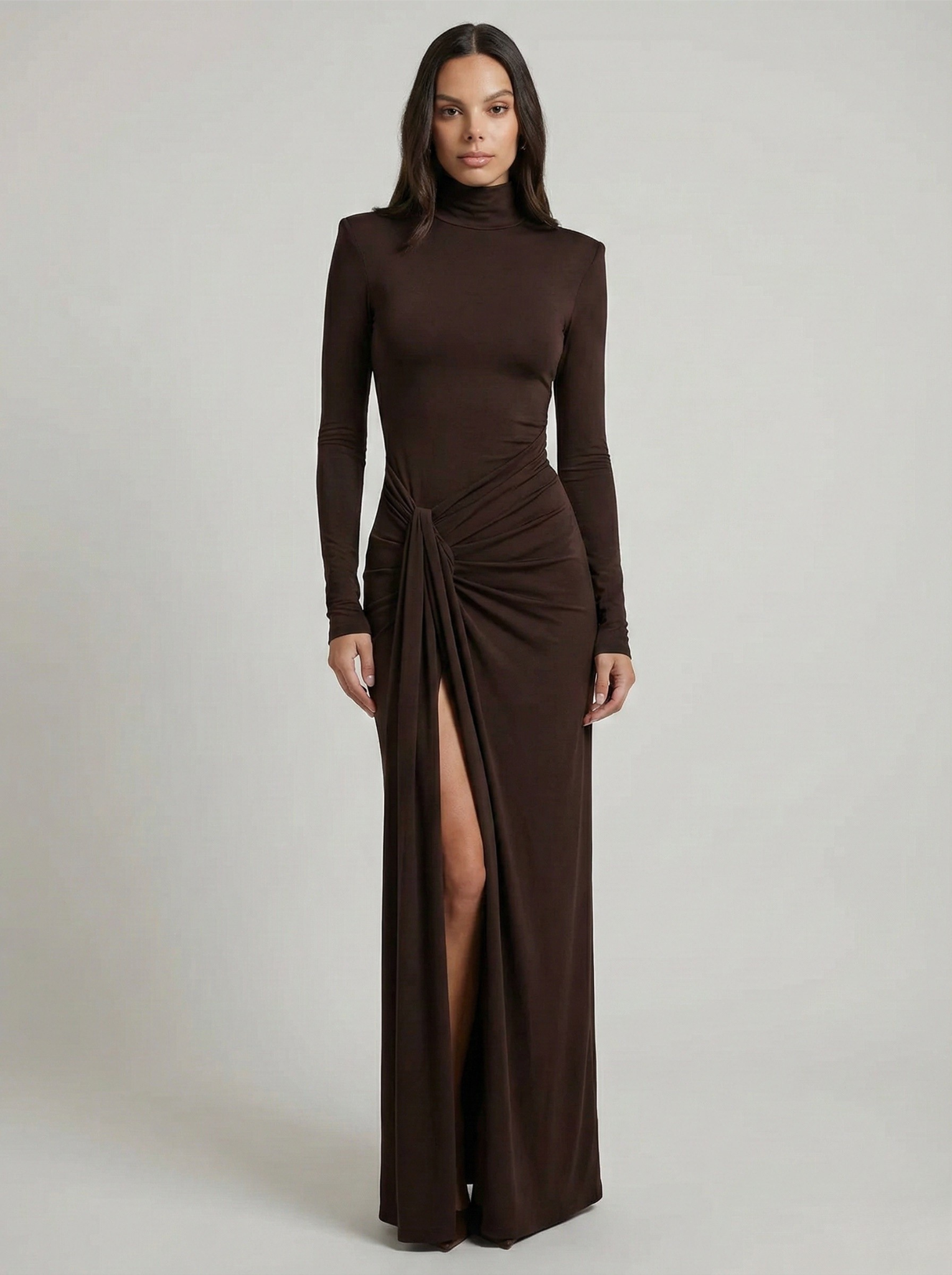 Ruched Maxi Dress Women Chic High Neckline Elegant Draping Black 1