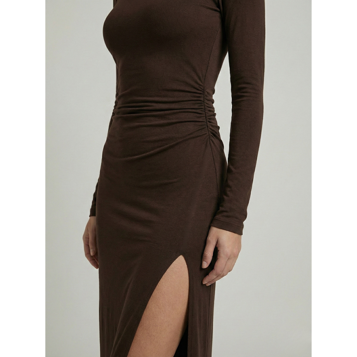 Ruched Maxi Dress Women Chic High Neckline Elegant Draping Black 3