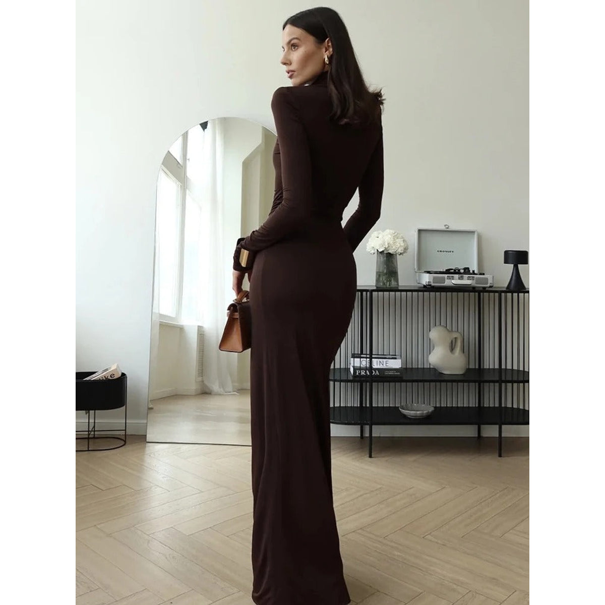 Ruched Maxi Dress Women Chic High Neckline Elegant Draping Black 8