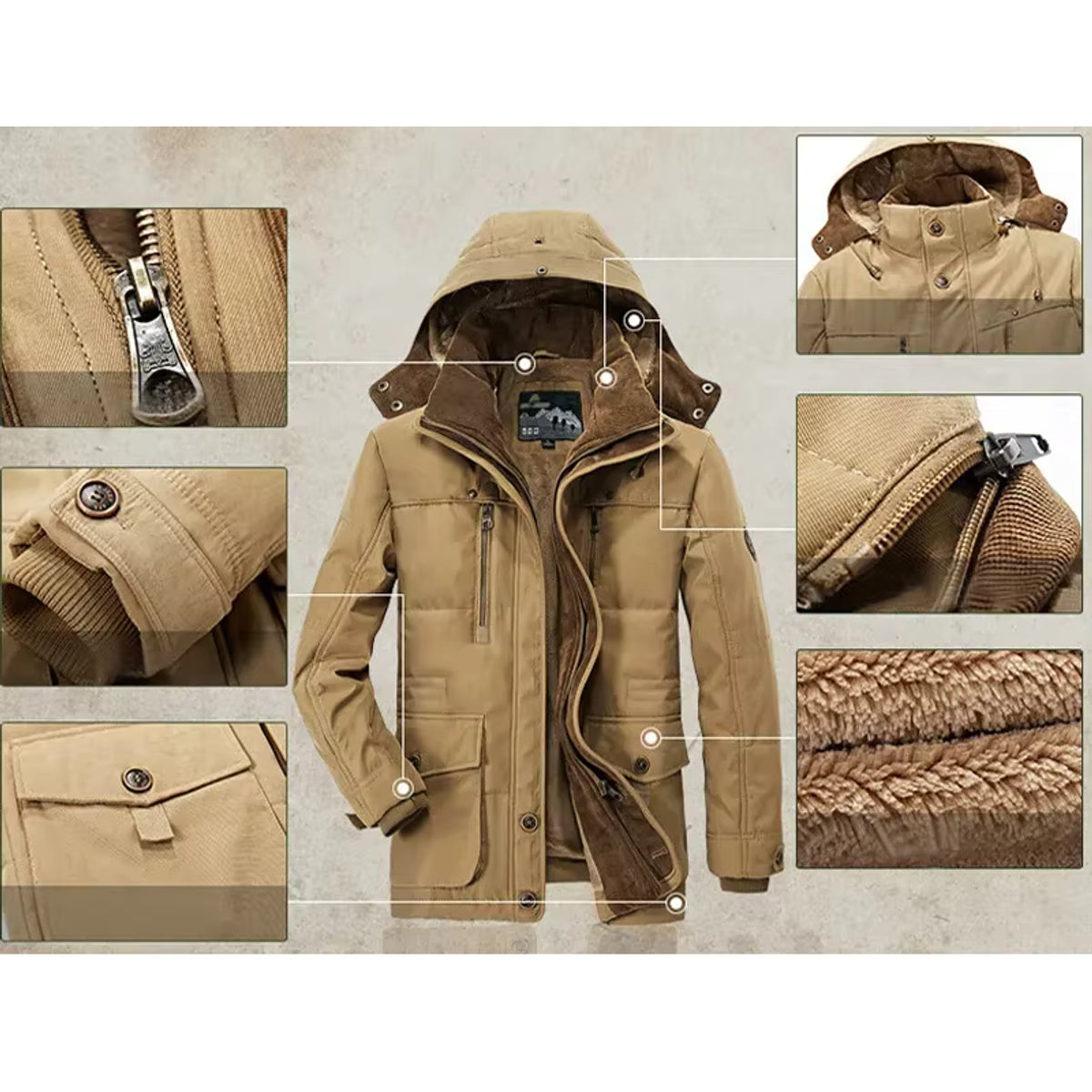 Herren-Wintermantel mit Kapuze, isoliert, mittellanger Parka, mit Fleece gefüttert