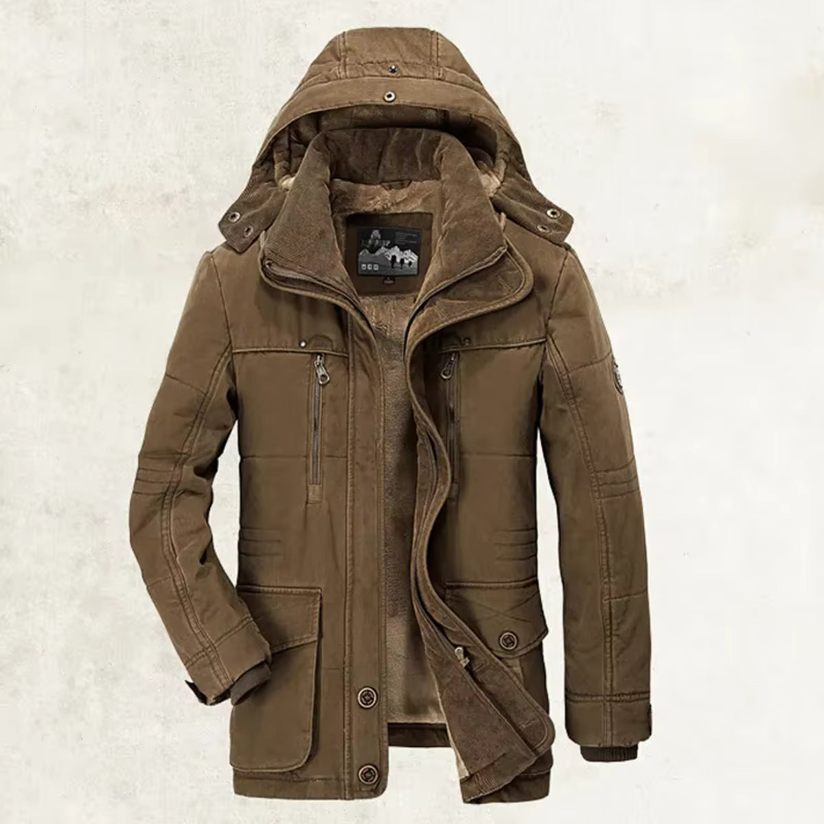 Herren-Wintermantel mit Kapuze, isoliert, mittellanger Parka, mit Fleece gefüttert