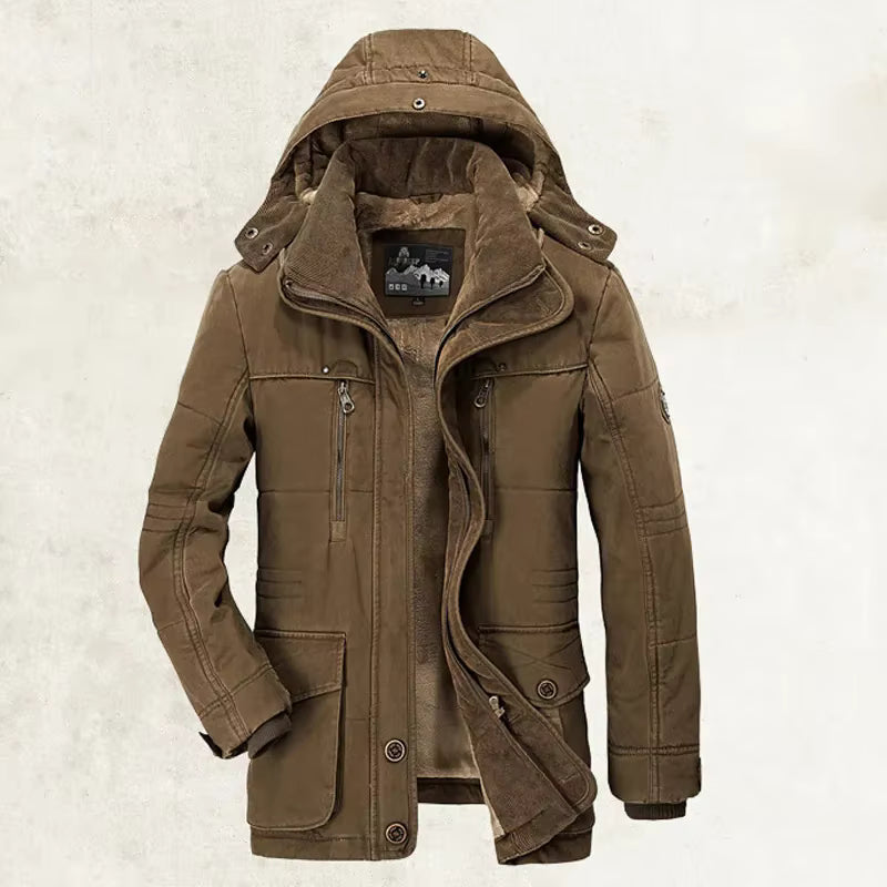 Men's Winter Coat Insulated Hooded Mid-Length Parka Fleece-Lined