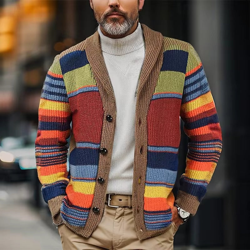 Vintage Patchwork Cardigan Sweater Men Wool-Cotton Blend Stylish Warmth
