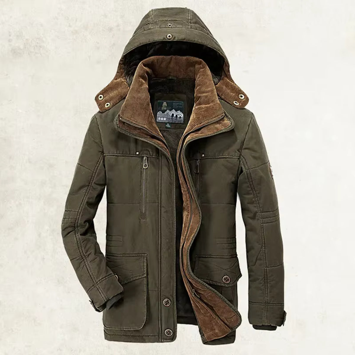 Herren-Wintermantel mit Kapuze, isoliert, mittellanger Parka, mit Fleece gefüttert