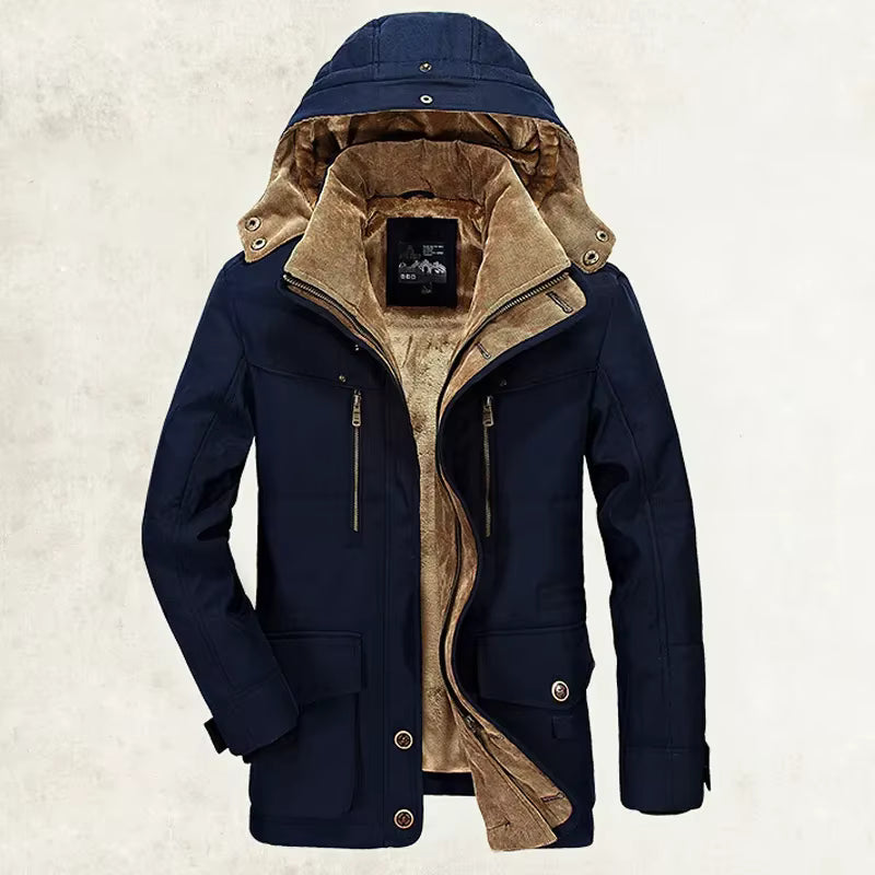 Men's Winter Coat Insulated Hooded Mid-Length Parka Fleece-Lined