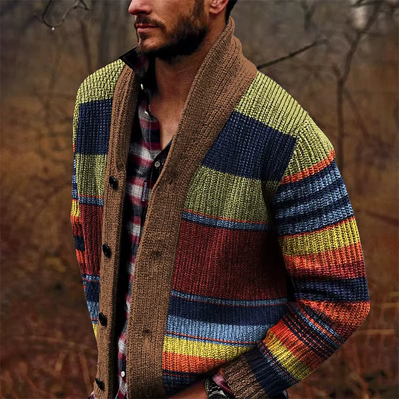Vintage Patchwork Cardigan Sweater Men Wool-Cotton Blend Stylish Warmth