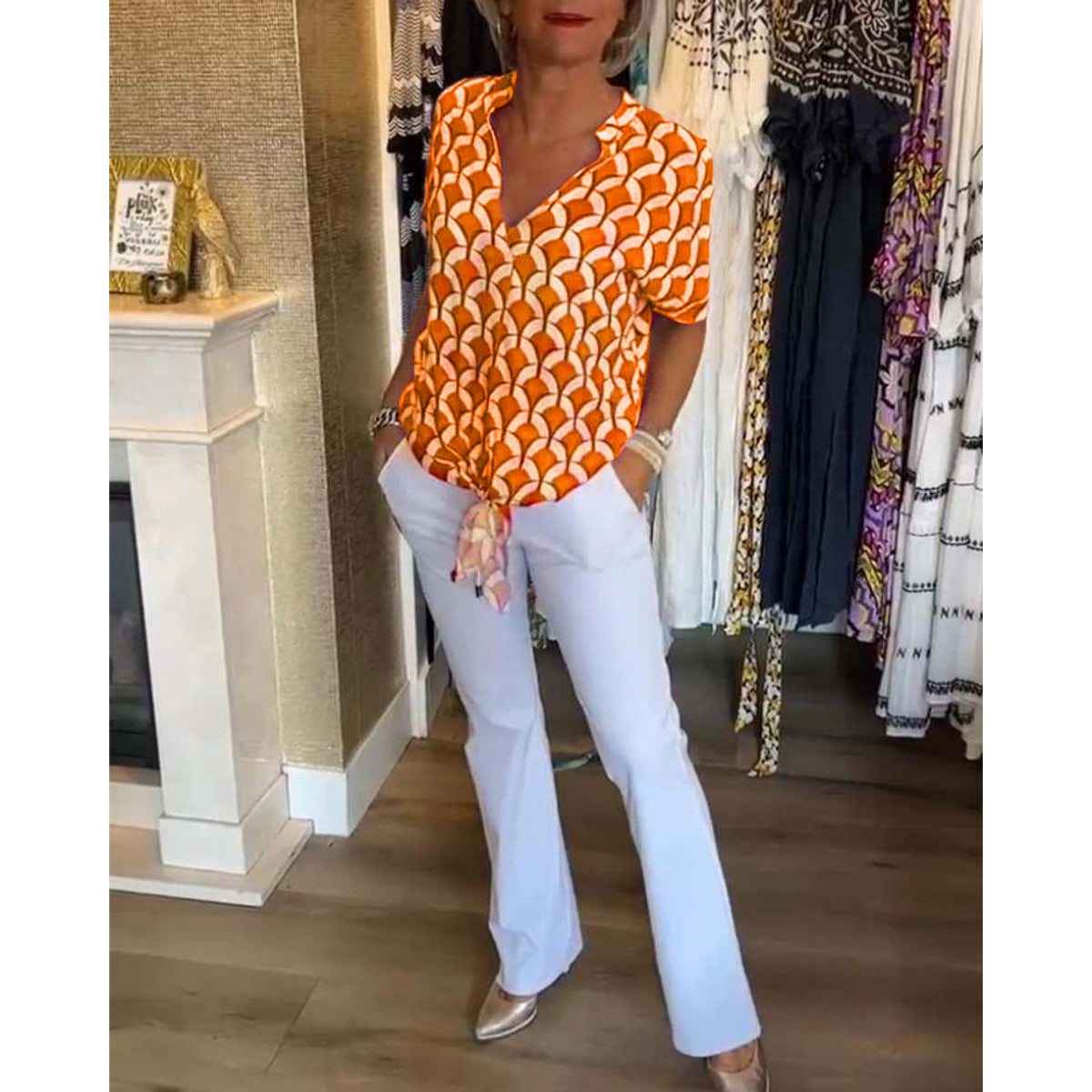 Short-Sleeved V-Neck Printed Casual Top Women Spring Summer Blouse 11