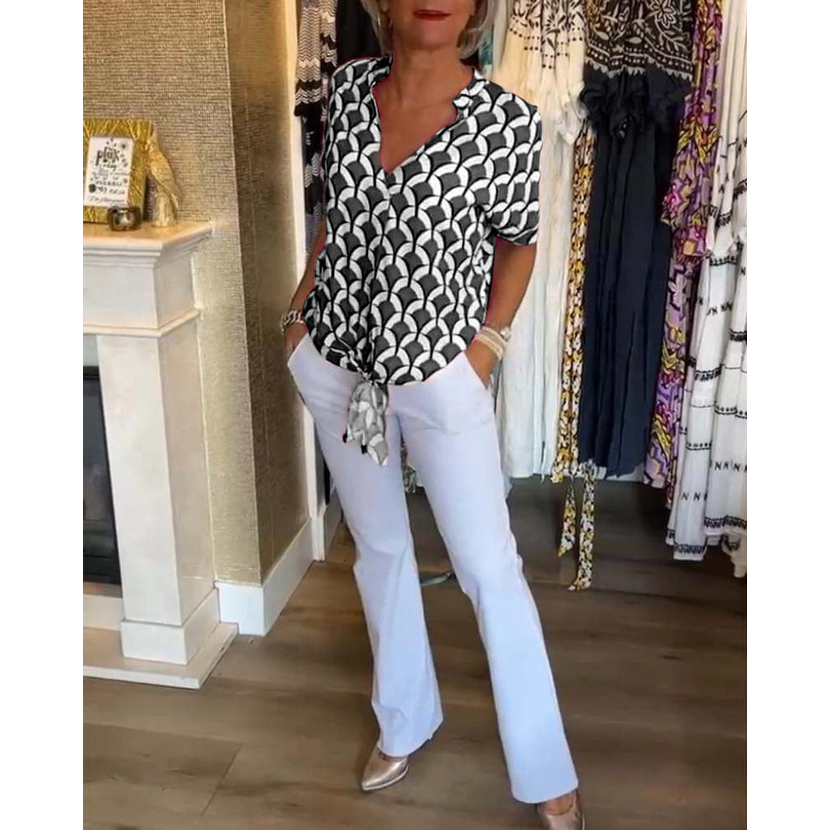 Short-Sleeved V-Neck Printed Casual Top Women Spring Summer Blouse 9