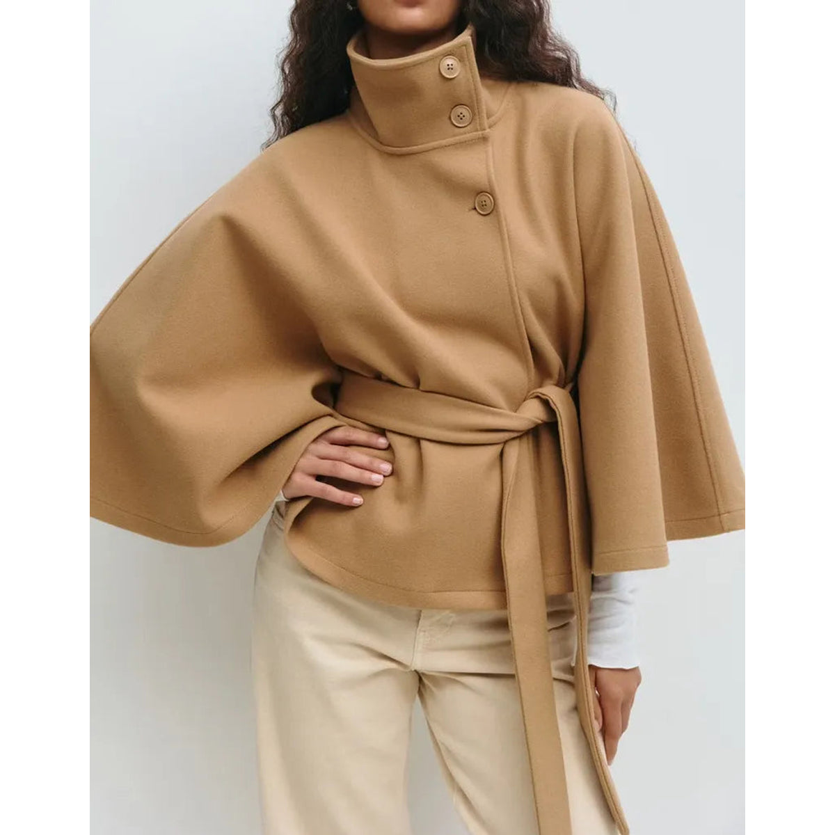 Short Cape Coat Women Funnel Neck Belted Waist Chic Casual Outerwear 1