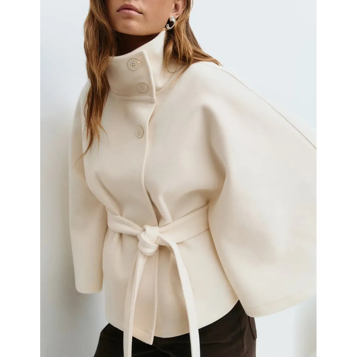 Short Cape Coat Women Funnel Neck Belted Waist Chic Casual Outerwear 4