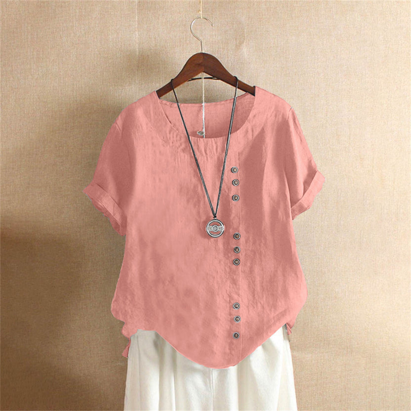 Short Sleeve Blouse Women Round Neck Casual Chic Solid Color 0