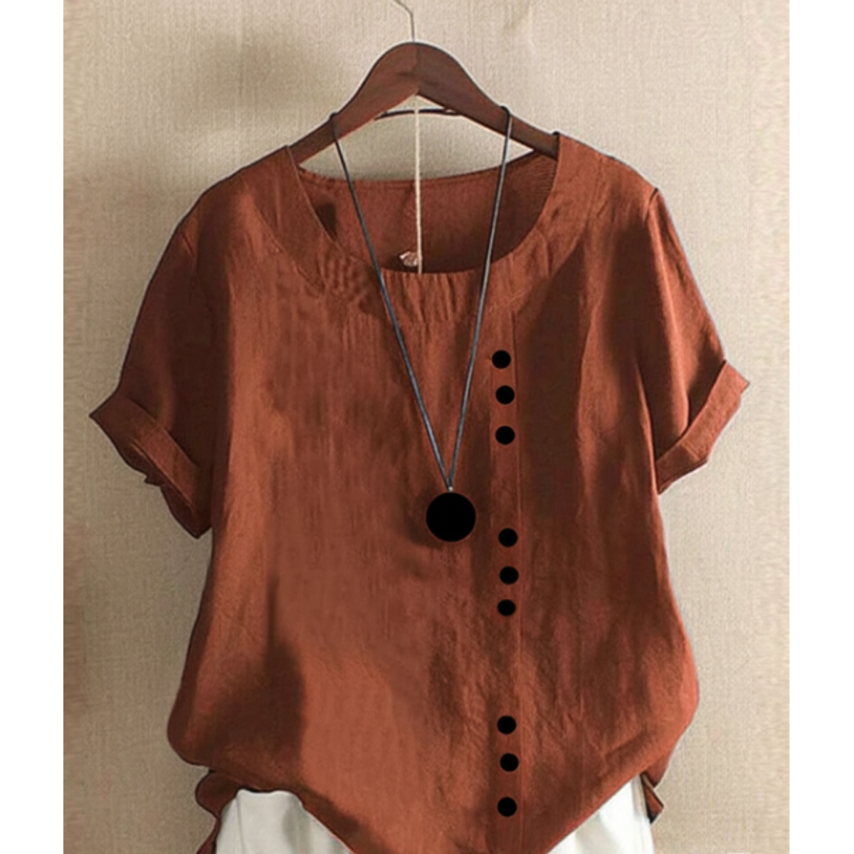 Short Sleeve Blouse Women Round Neck Casual Chic Solid Color 2