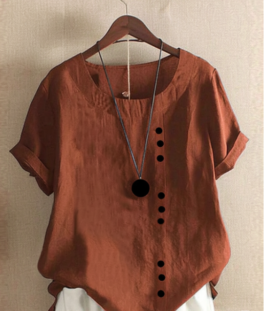 Short Sleeve Blouse Women Round Neck Casual Chic Solid Color 2