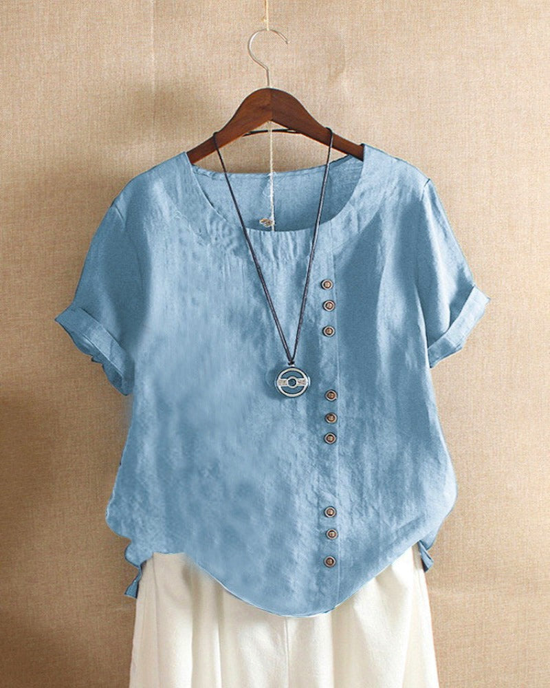 Short Sleeve Blouse Women Round Neck Casual Chic Solid Color 7