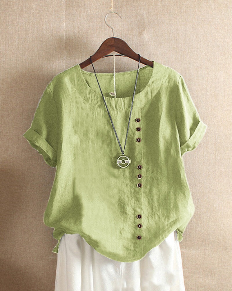 Short Sleeve Blouse Women Round Neck Casual Chic Solid Color 8