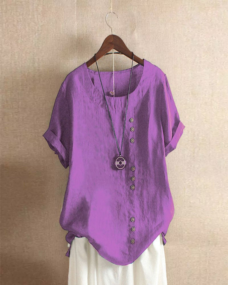Short Sleeve Blouse Women Round Neck Casual Chic Solid Color 9
